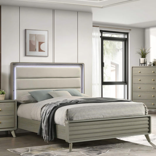 Contemporary Gray Bed with LED Wood Panel Headboard