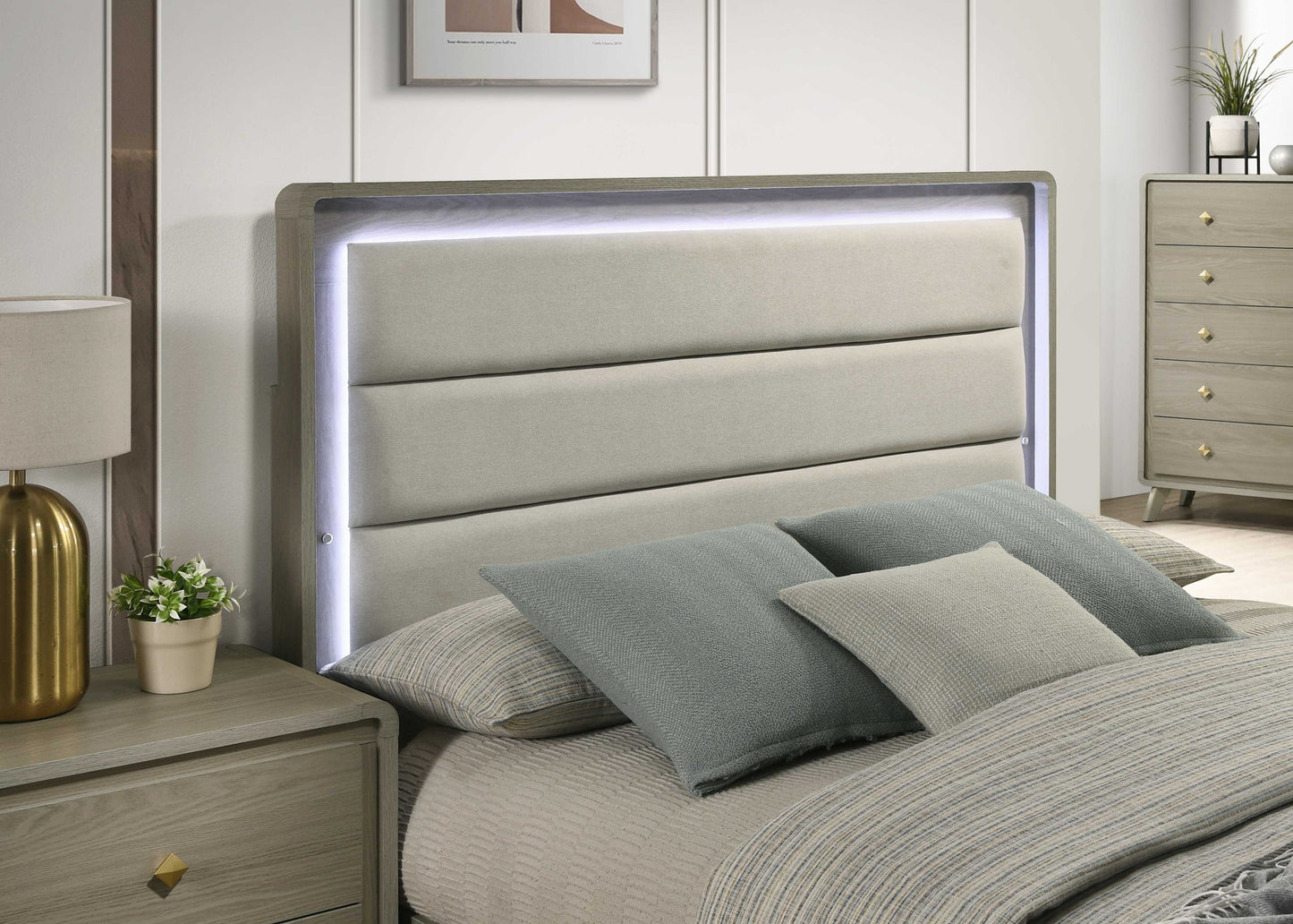 Contemporary Gray Bed with LED Wood Panel Headboard