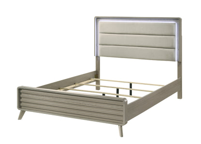 Contemporary Gray Bed with LED Wood Panel Headboard