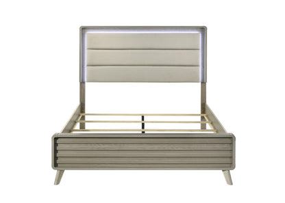 Contemporary Gray Bed with LED Wood Panel Headboard
