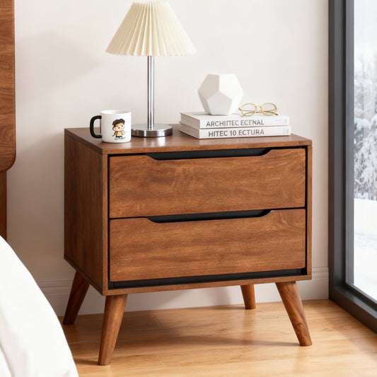 Fully Assembled Mid-Century Modern Solid Wood Nightstand - 2 Drawers, Sleek Tapered Legs and Hidden Pulls
