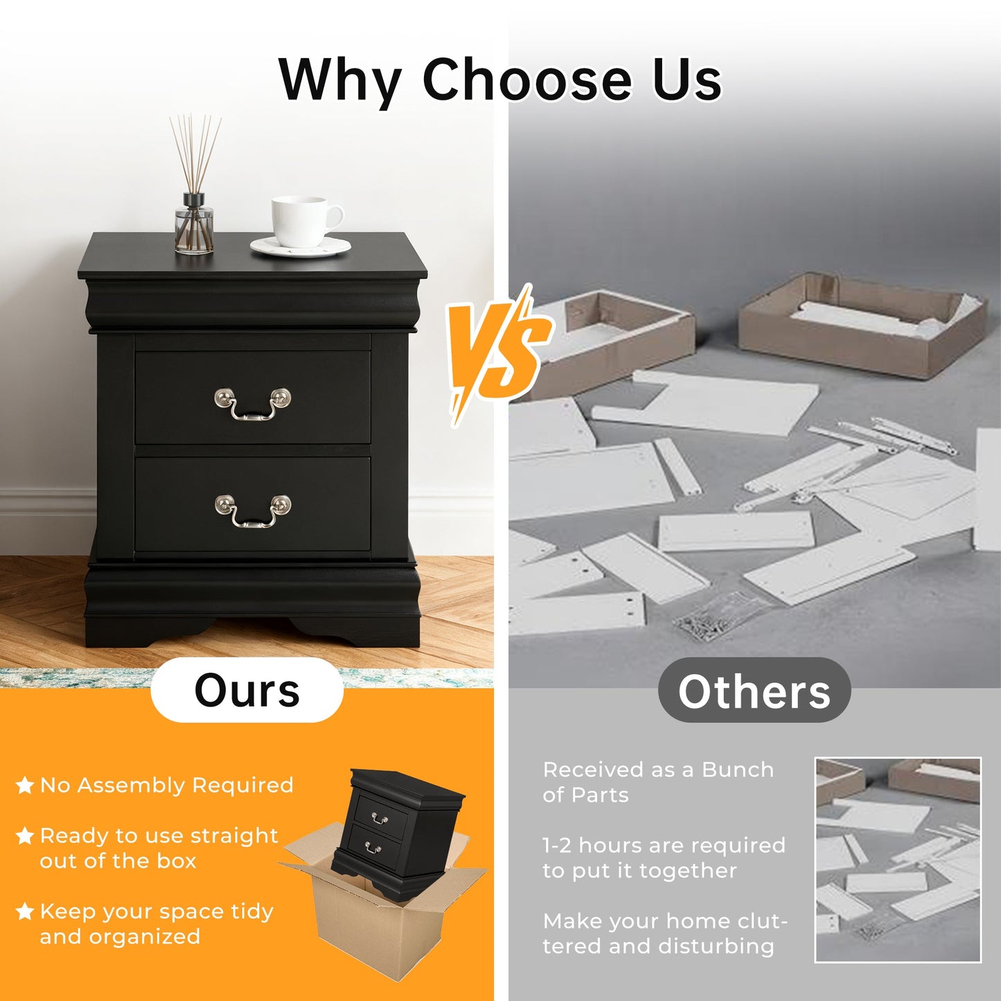 Fully Assembled Transitional Sleigh Wood Nightstand with 2 Dovetail Drawers and Metal Pulls