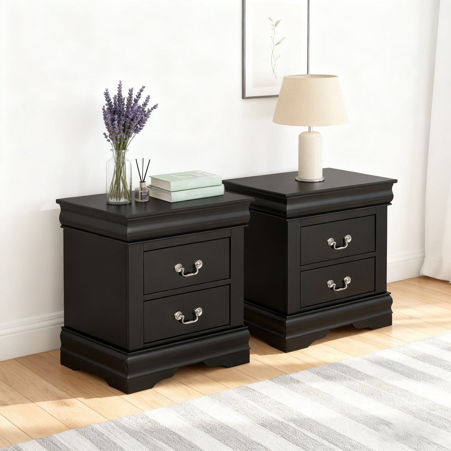 Fully Assembled Transitional Sleigh Wood Nightstand with 2 Dovetail Drawers and Metal Pulls