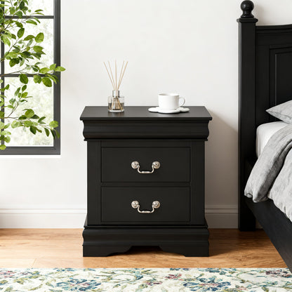 Fully Assembled Transitional Sleigh Wood Nightstand with 2 Dovetail Drawers and Metal Pulls