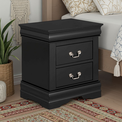 Fully Assembled Transitional Sleigh Wood Nightstand with 2 Dovetail Drawers and Metal Pulls