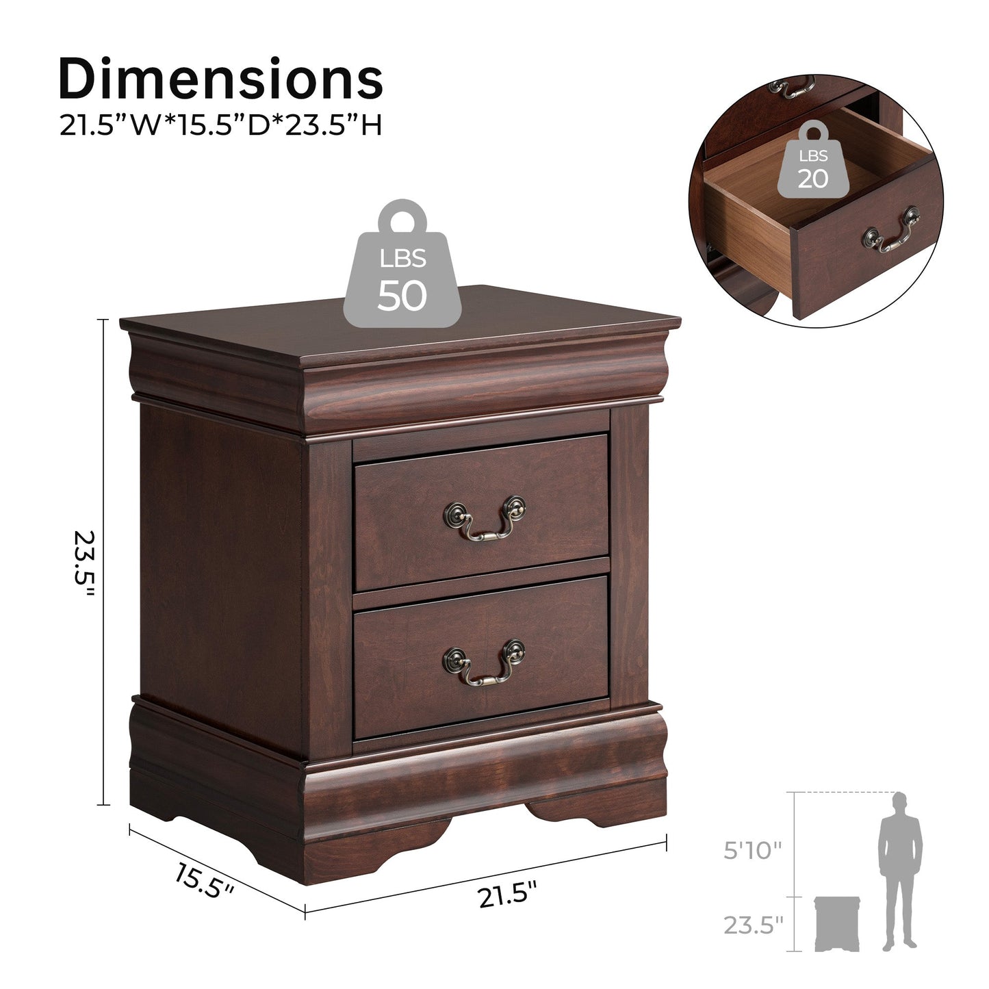 Fully Assembled Transitional Sleigh Wood Nightstand with 2 Dovetail Drawers and Metal Pulls
