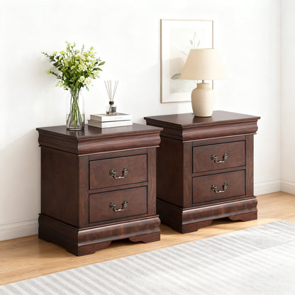 Fully Assembled Transitional Sleigh Wood Nightstand with 2 Dovetail Drawers and Metal Pulls