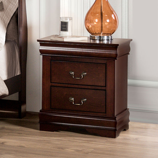 Fully Assembled Transitional Sleigh Wood Nightstand with 2 Dovetail Drawers and Metal Pulls