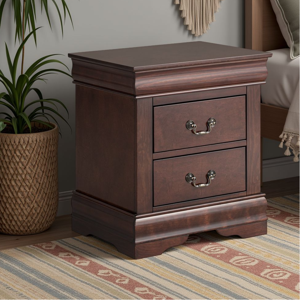 Fully Assembled Transitional Sleigh Wood Nightstand with 2 Dovetail Drawers and Metal Pulls