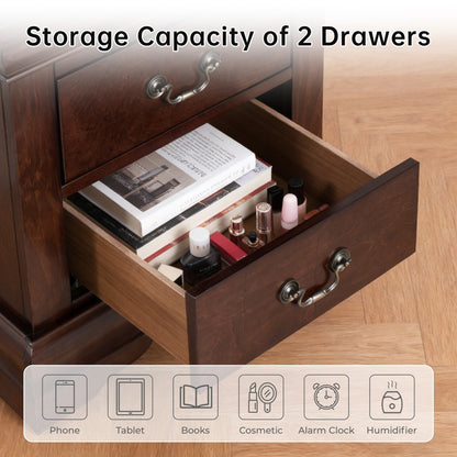 Fully Assembled Transitional Sleigh Wood Nightstand with 2 Dovetail Drawers and Metal Pulls