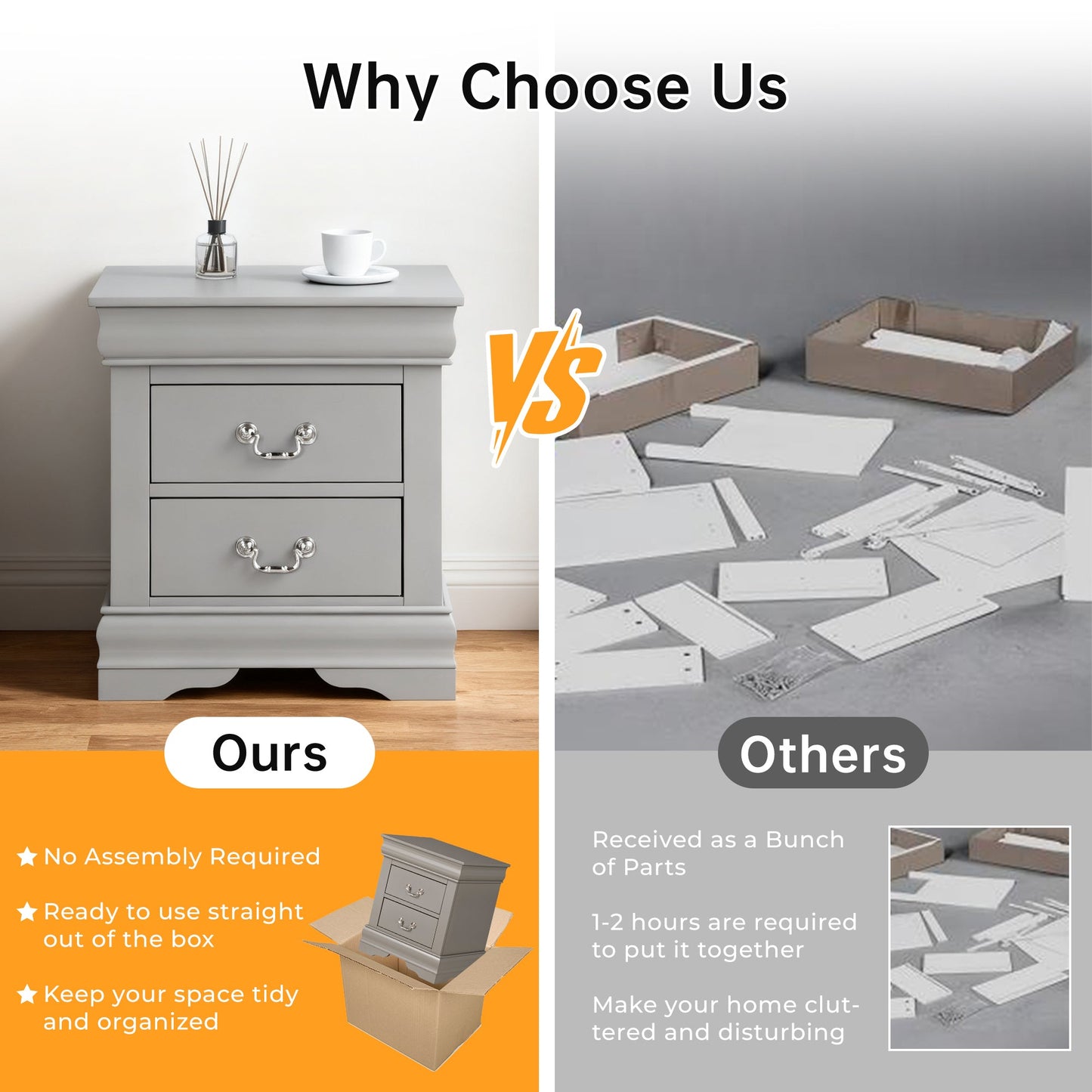 Fully Assembled Transitional Sleigh Wood Nightstand with 2 Dovetail Drawers and Metal Pulls