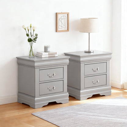 Fully Assembled Transitional Sleigh Wood Nightstand with 2 Dovetail Drawers and Metal Pulls