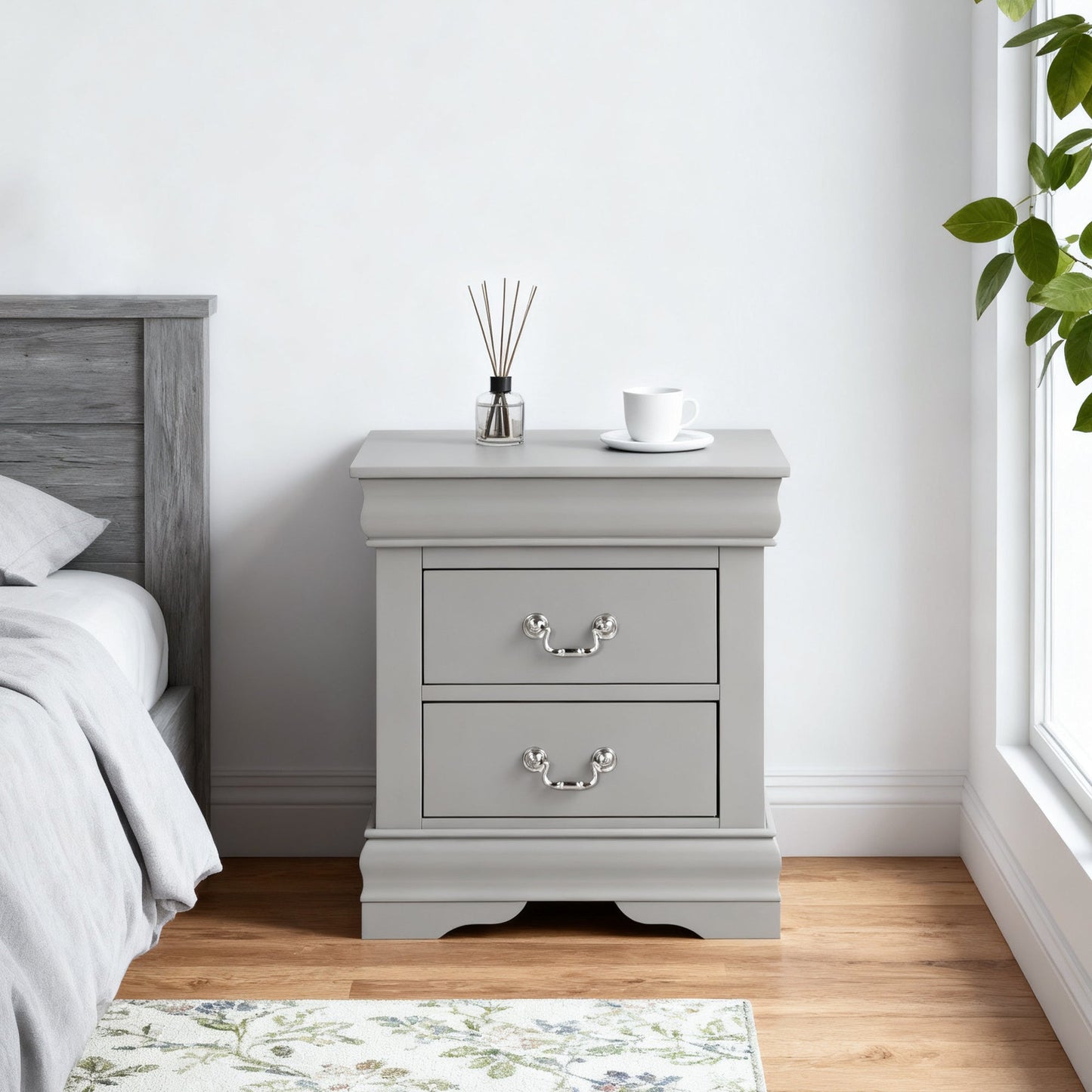 Fully Assembled Transitional Sleigh Wood Nightstand with 2 Dovetail Drawers and Metal Pulls