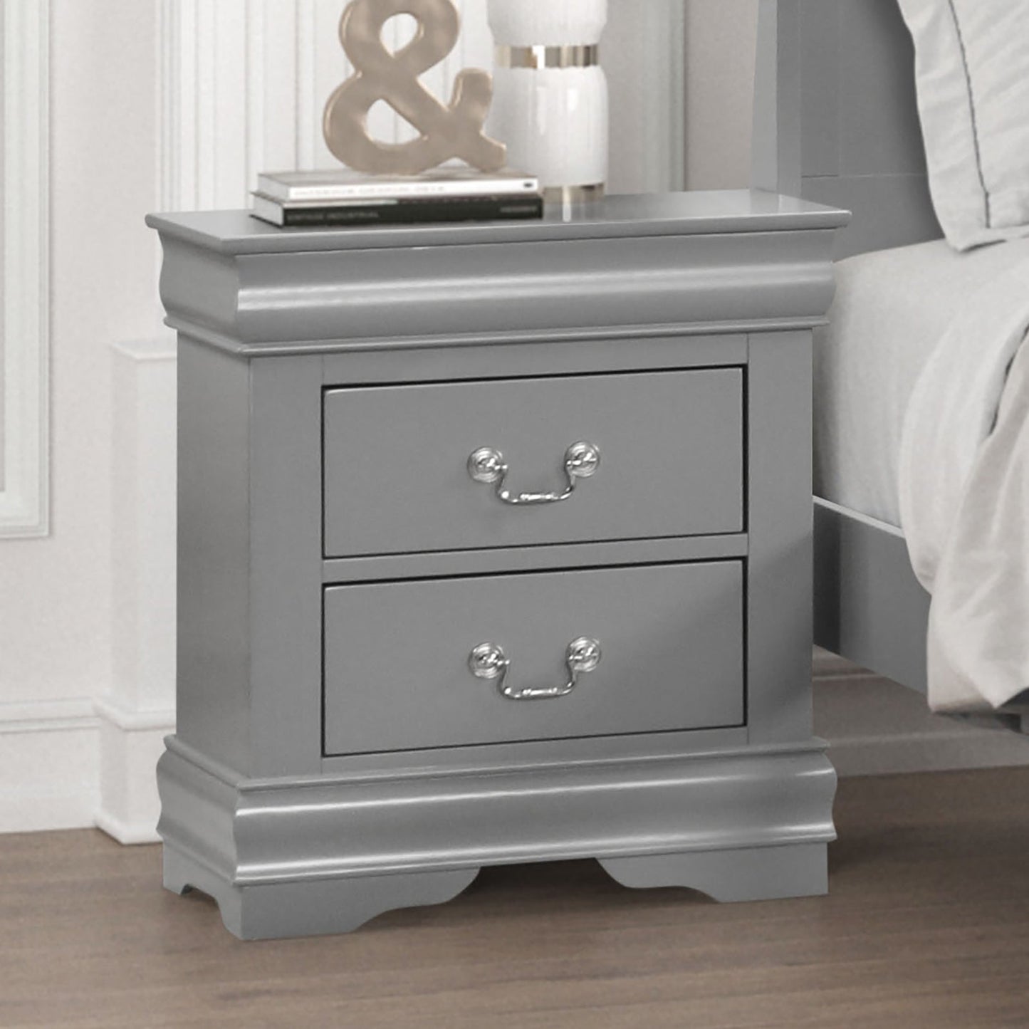 Fully Assembled Transitional Sleigh Wood Nightstand with 2 Dovetail Drawers and Metal Pulls
