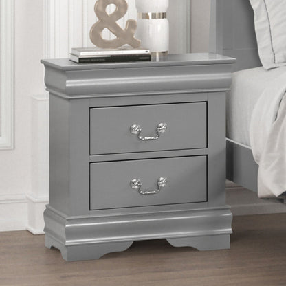 Fully Assembled Transitional Sleigh Wood Nightstand with 2 Dovetail Drawers and Metal Pulls