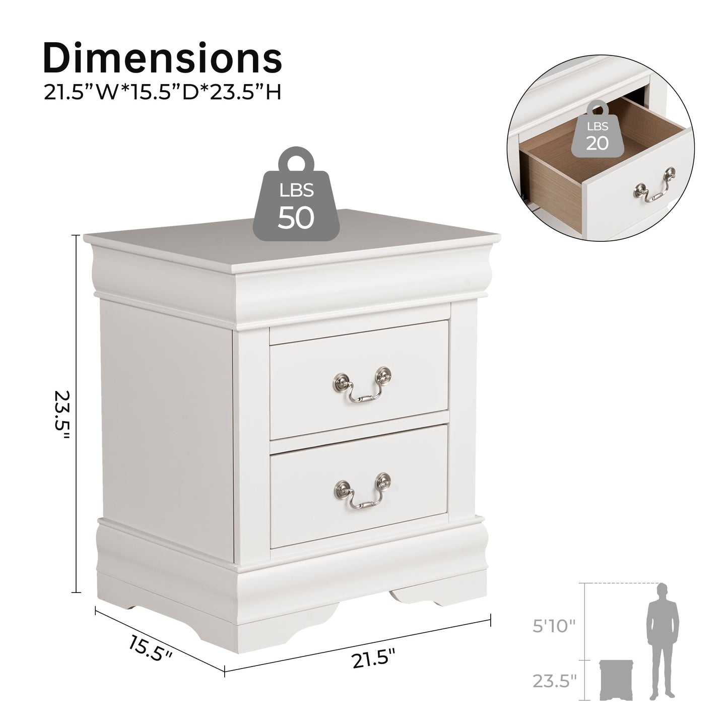 Fully Assembled Transitional Sleigh Wood Nightstand with 2 Dovetail Drawers and Metal Pulls