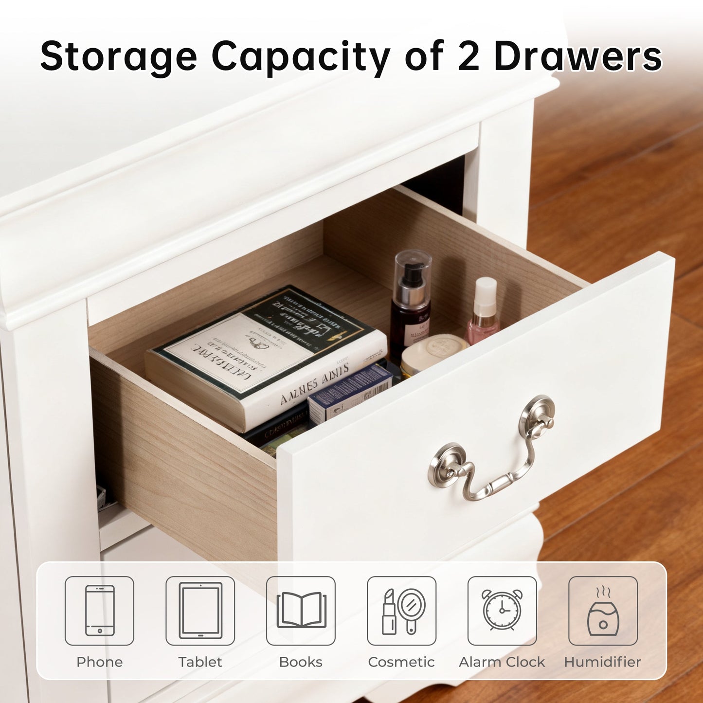 Fully Assembled Transitional Sleigh Wood Nightstand with 2 Dovetail Drawers and Metal Pulls