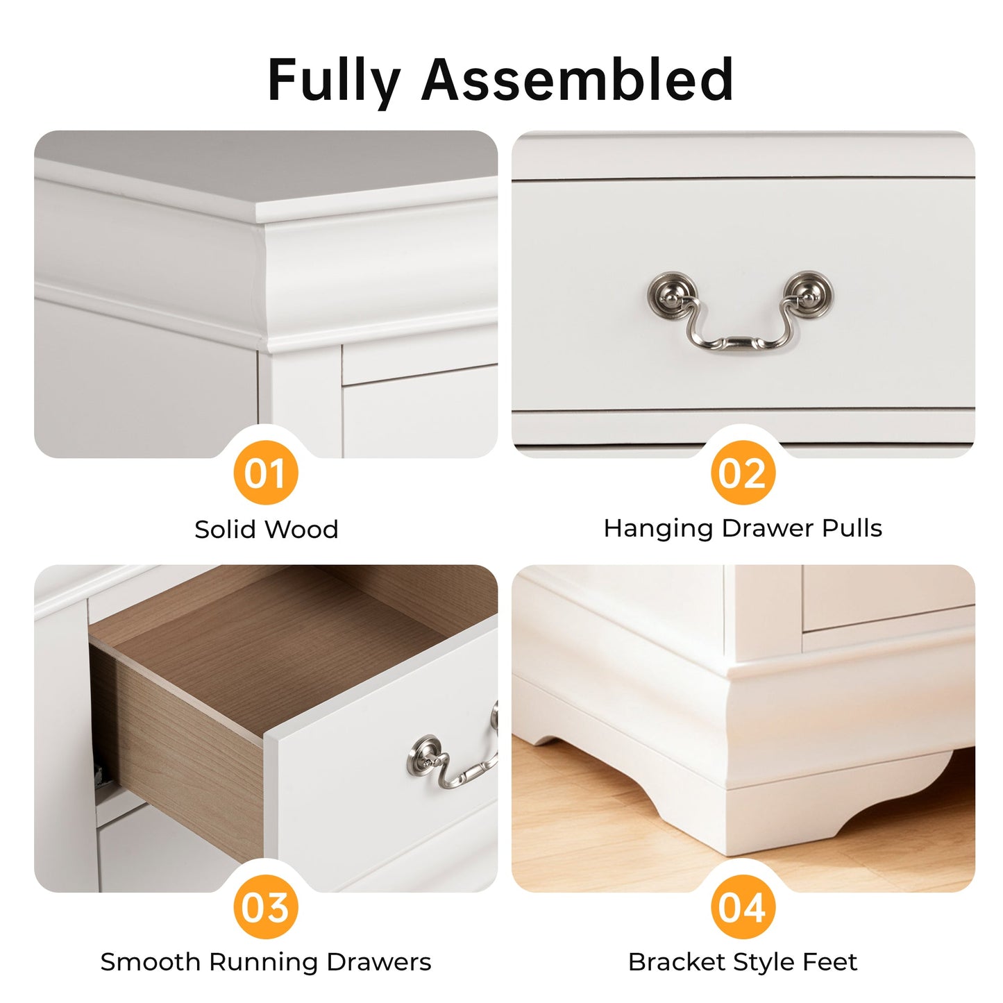 Fully Assembled Transitional Sleigh Wood Nightstand with 2 Dovetail Drawers and Metal Pulls