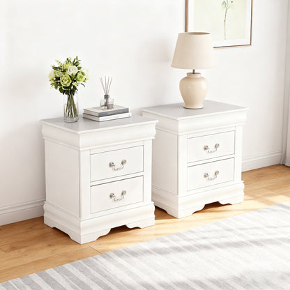 Fully Assembled Transitional Sleigh Wood Nightstand with 2 Dovetail Drawers and Metal Pulls