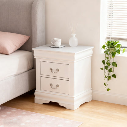 Fully Assembled Transitional Sleigh Wood Nightstand with 2 Dovetail Drawers and Metal Pulls