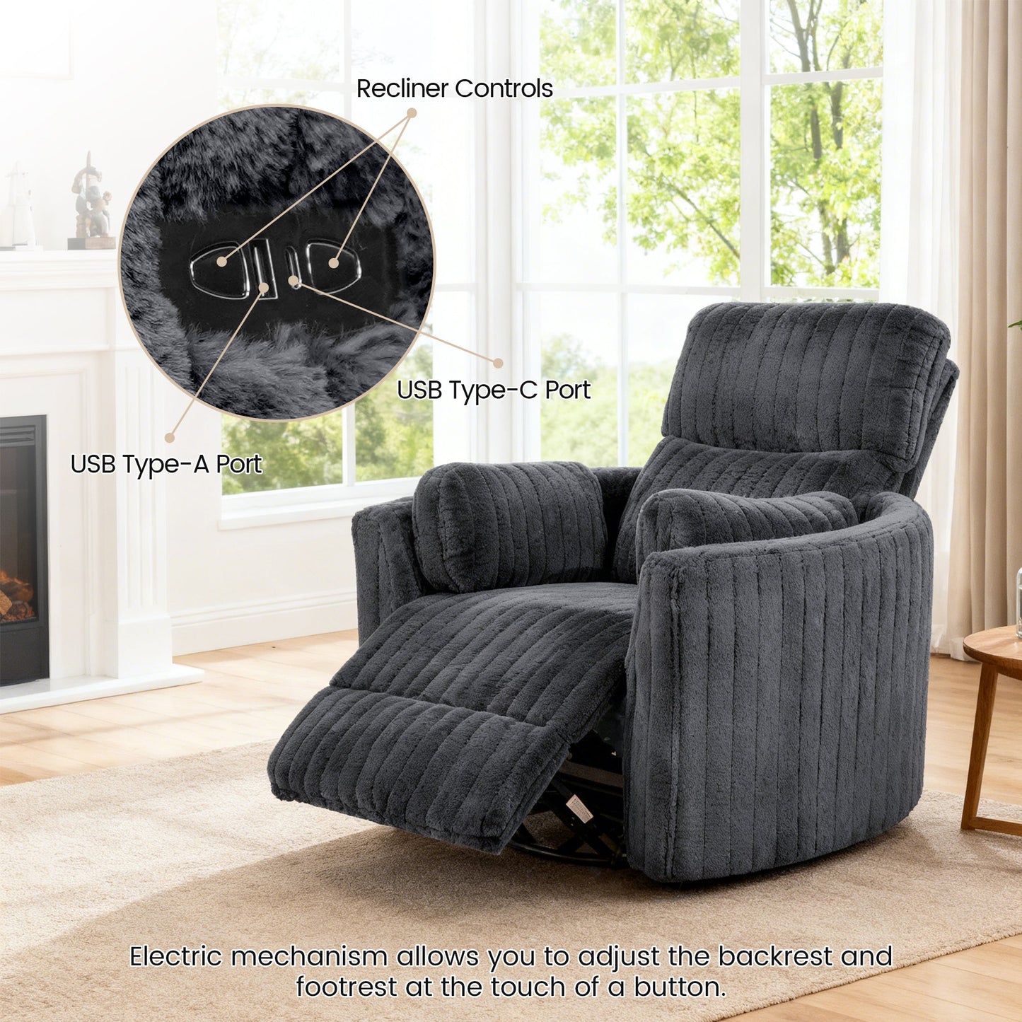 Contemporary Power Glider Recliner w/ Swivel – Pillow Fill, Curved Arms