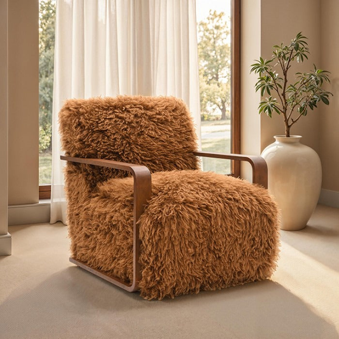 Ultra Soft Faux Fur Accent Chair – Retro Curves, Dark Walnut Wood Arms