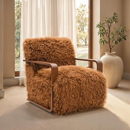 Ultra Soft Faux Fur Accent Chair – Retro Curves, Dark Walnut Wood Arms