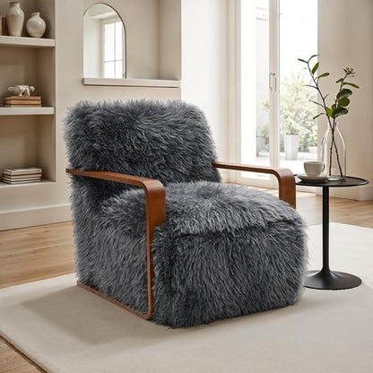 Ultra Soft Faux Fur Accent Chair – Retro Curves, Dark Walnut Wood Arms