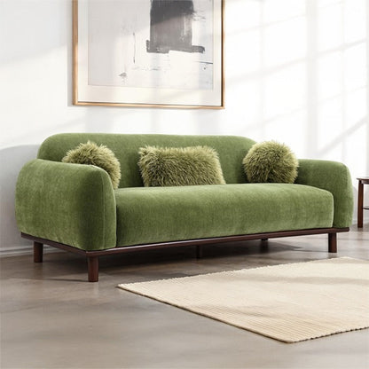 Mid-Century Modern Sofa – Pocket Coil Spring, Chenille and Faux Fur, Soft Round Arms