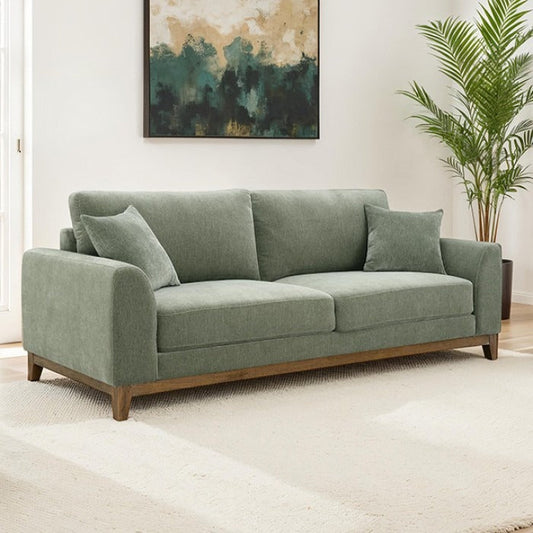 Mid-Century Modern Sofa with Walnut Trim and Throw Pillows for Living Room