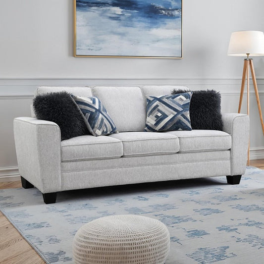 Transitional Chenille Sofa with Soft Track Arms and Walnut Wood Trim