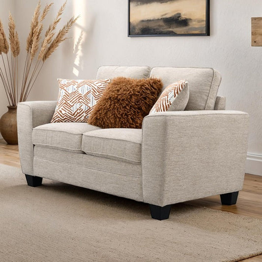 Transitional Chenille Loveseat with Soft Track Arms and Walnut Wood Trim