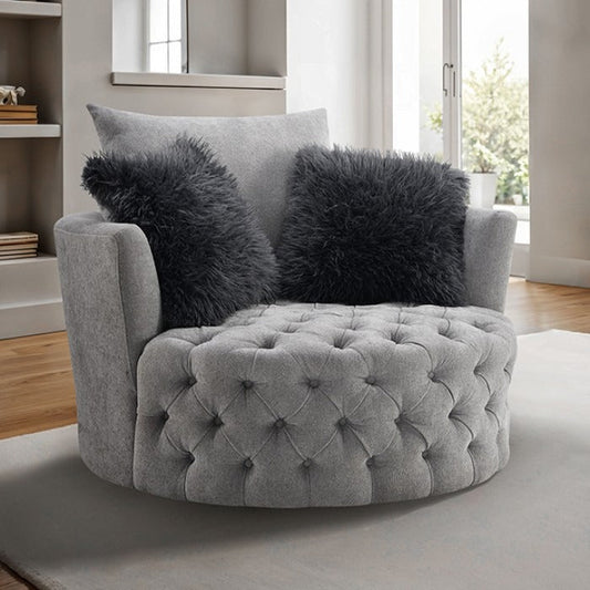 Oversized Button Tufted Swivel Chair with Faux Fur Pillows and Full Swivel