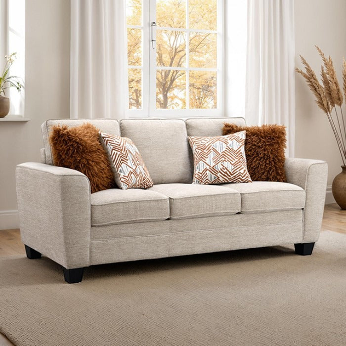 Transitional Chenille Sofa with Soft Track Arms and Walnut Wood Trim