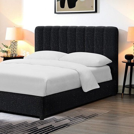 Contemporary Boucle Bed - Padded Vertical Channel Headboard, Round Wood Legs, Mattress Ready