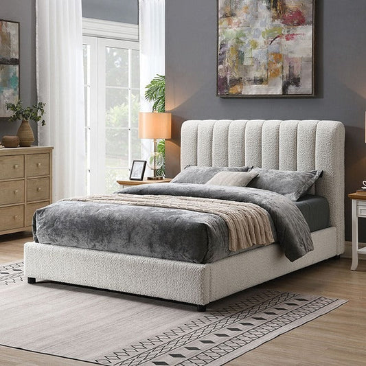 Contemporary Boucle Bed - Padded Vertical Channel Headboard, Round Wood Legs, Mattress Ready