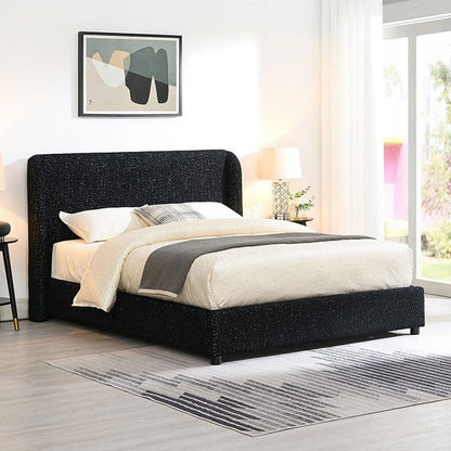 Contemporary Boucle Bed – Winged Edge Padded Headboard, Round Wood Legs