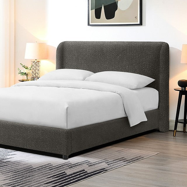 Contemporary Boucle Bed – Winged Edge Padded Headboard, Round Wood Legs