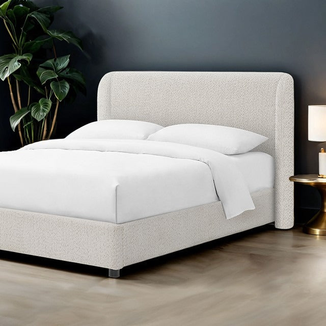 Contemporary Boucle Bed – Winged Edge Padded Headboard, Round Wood Legs