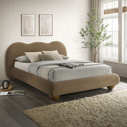 Contemporary Velvet and Boucle Upholstered Bed – Solid Rubberwood Frame