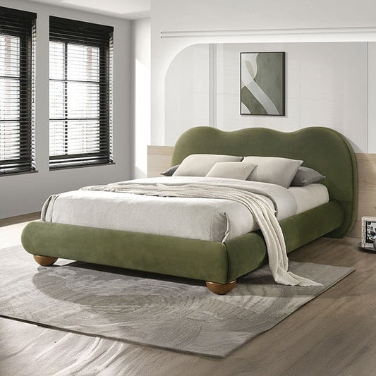 Contemporary Velvet and Boucle Upholstered Bed – Solid Rubberwood Frame