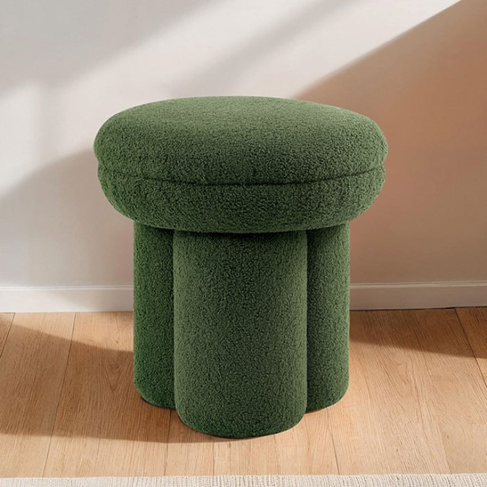 Contemporary Mushroom-Shape Stool – Shearling Teddy-Like Fabric, Pedestal Base
