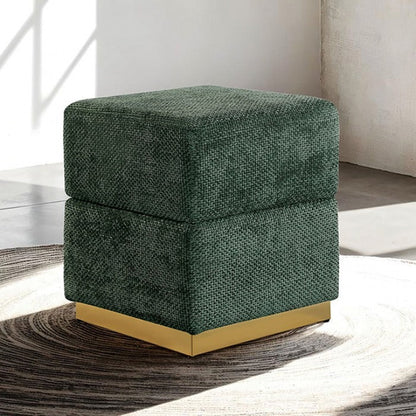 Contemporary Chenille Storage Stool – Gold-Plated Stainless Steel Base, Cube Design