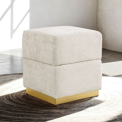 Contemporary Chenille Storage Stool – Gold-Plated Stainless Steel Base, Cube Design