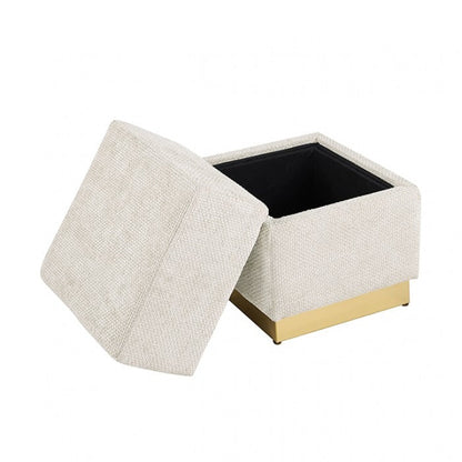 Contemporary Chenille Storage Stool – Gold-Plated Stainless Steel Base, Cube Design