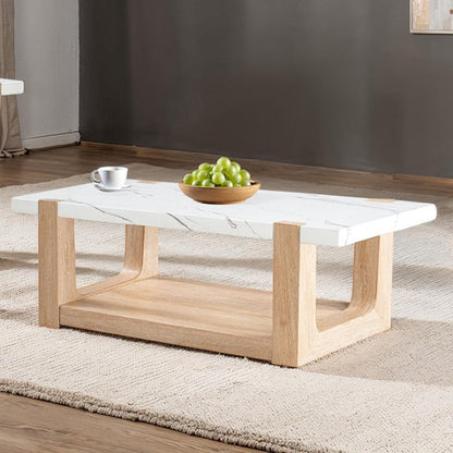 Contemporary Faux Marble Coffee Table | Two-Tone Design, Rubberwood Base