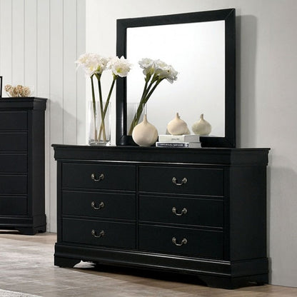 Transitional Sleigh Wood Dresser with Dovetail Drawers and Metal Pulls