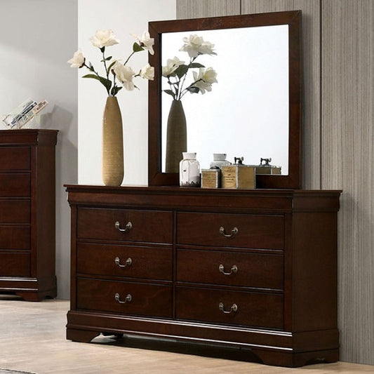 Transitional Sleigh Wood Dresser with Dovetail Drawers and Metal Pulls