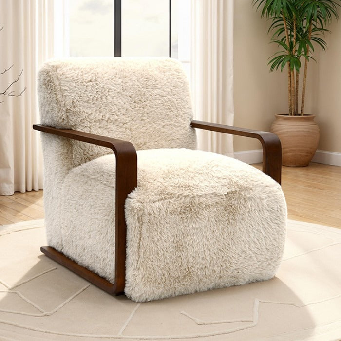 Ultra Soft Faux Fur Accent Chair – Retro Curves, Dark Walnut Wood Arms