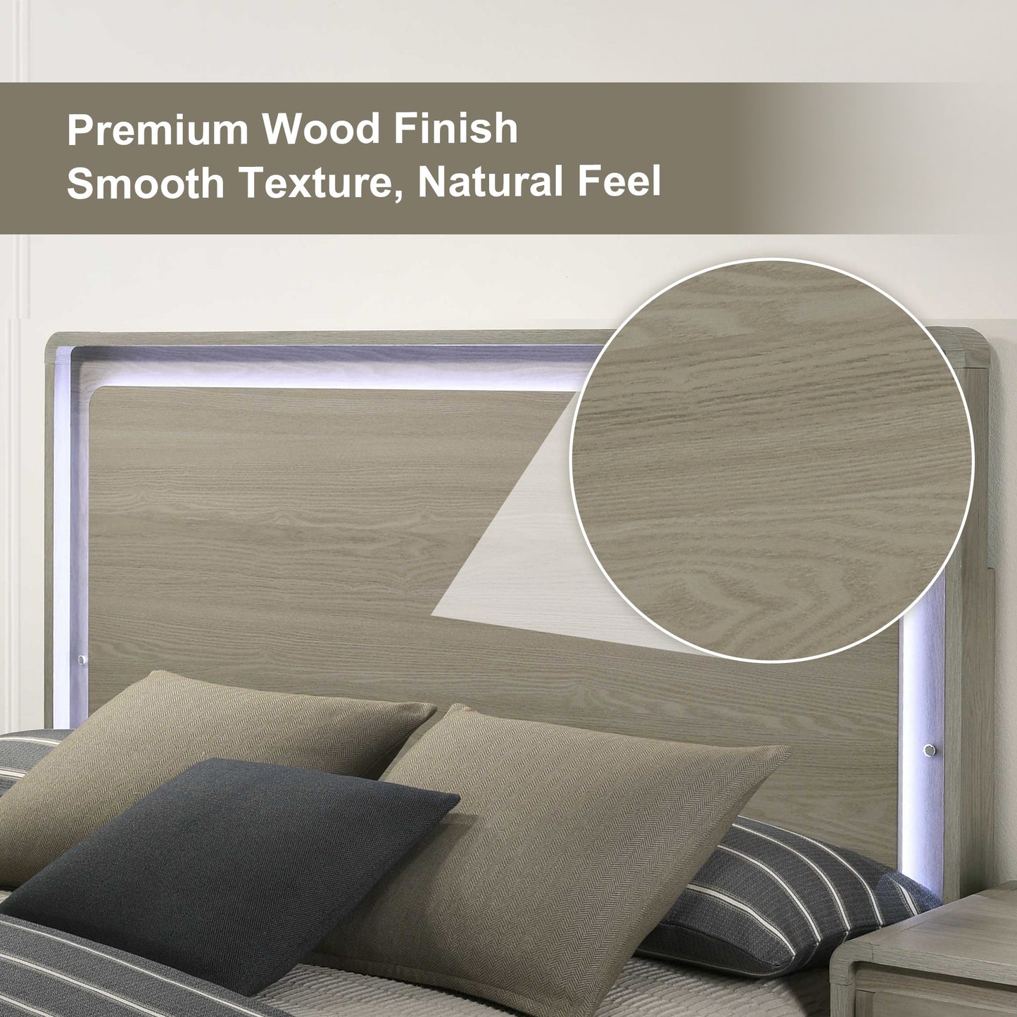 Contemporary Gray Bed with LED Wood Panel Headboard